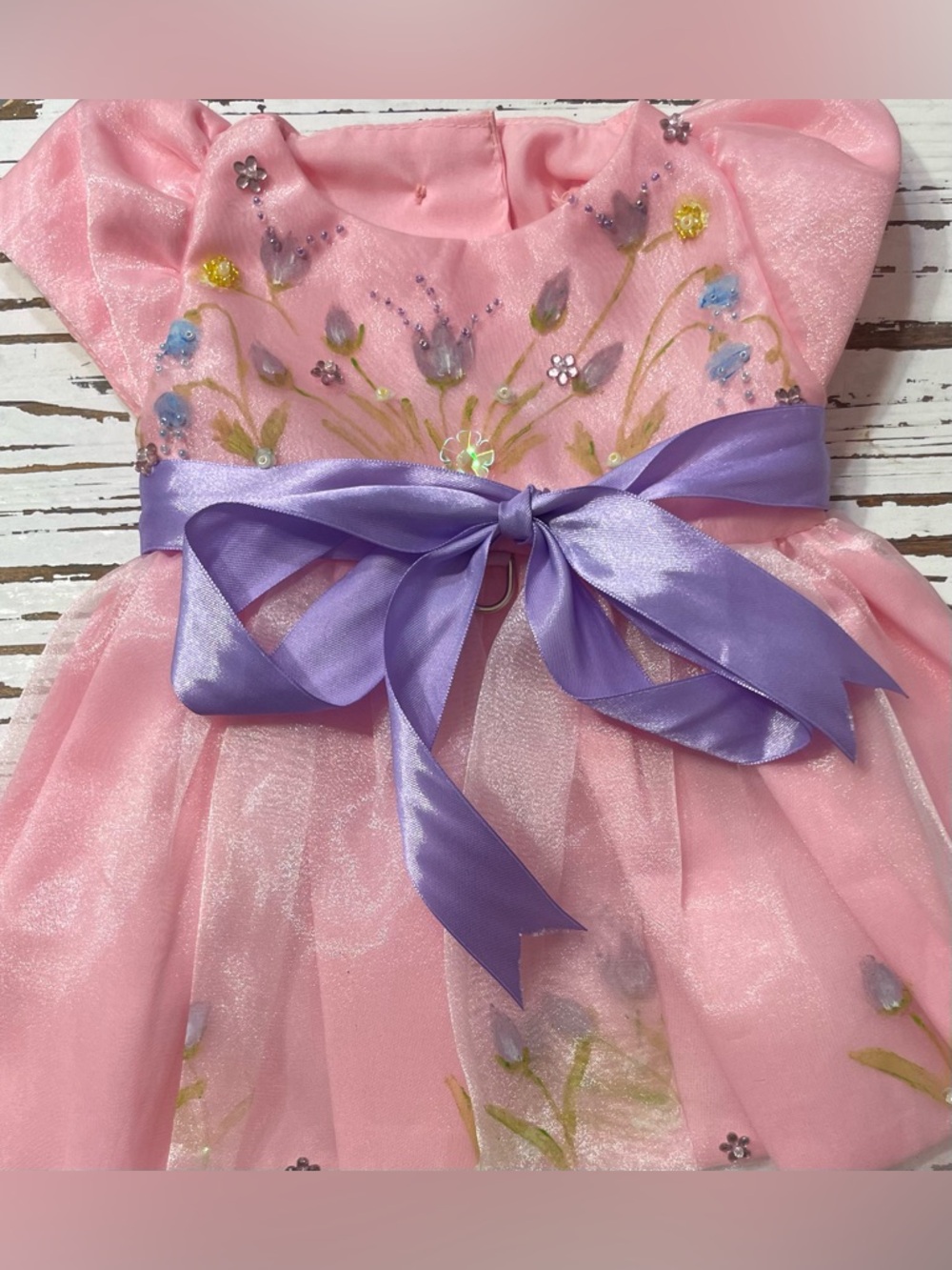 Pink Hand-painted Floral Pet Party Dress with Purple Ribbon at Waist
Medium